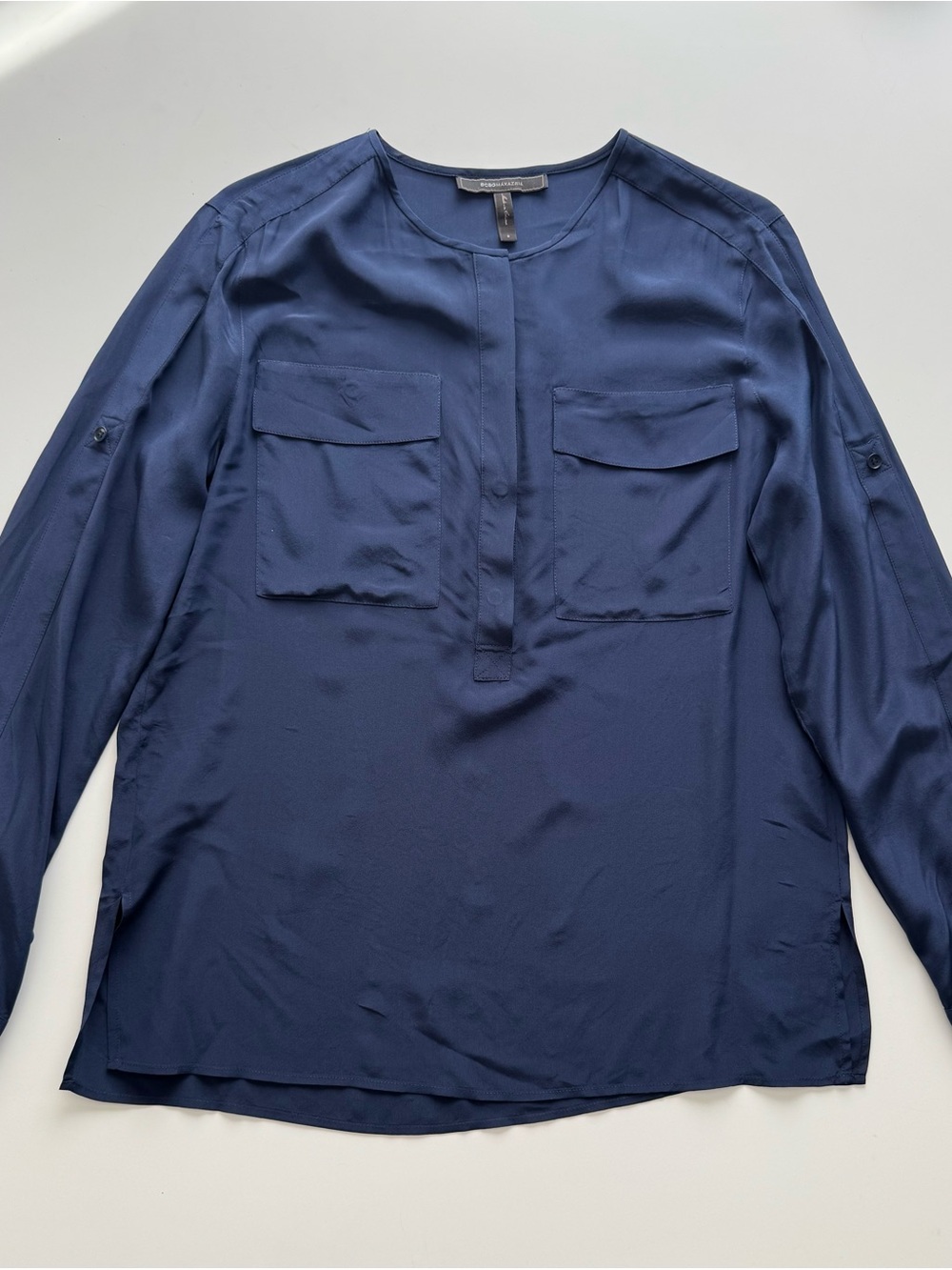 BCBGMAXAZRIA Luelle Navy 100% Silk Utility Blouse Size S